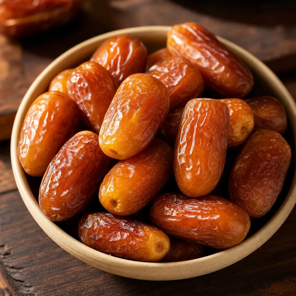 Kurma Khalas premium berwarna coklat kekuningan hangat, karamel lembut