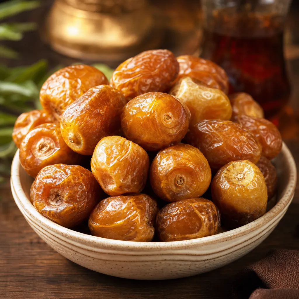 Kurma Sukkari premium berwarna keemasan, manis lembut
